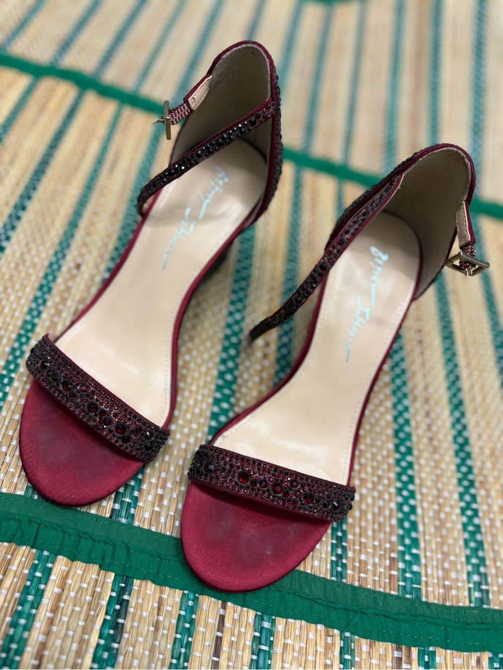 Betsy Johnson Burgundy Open-Toe Ankle-Strap Heels with Crystal Accents 2.5” heel